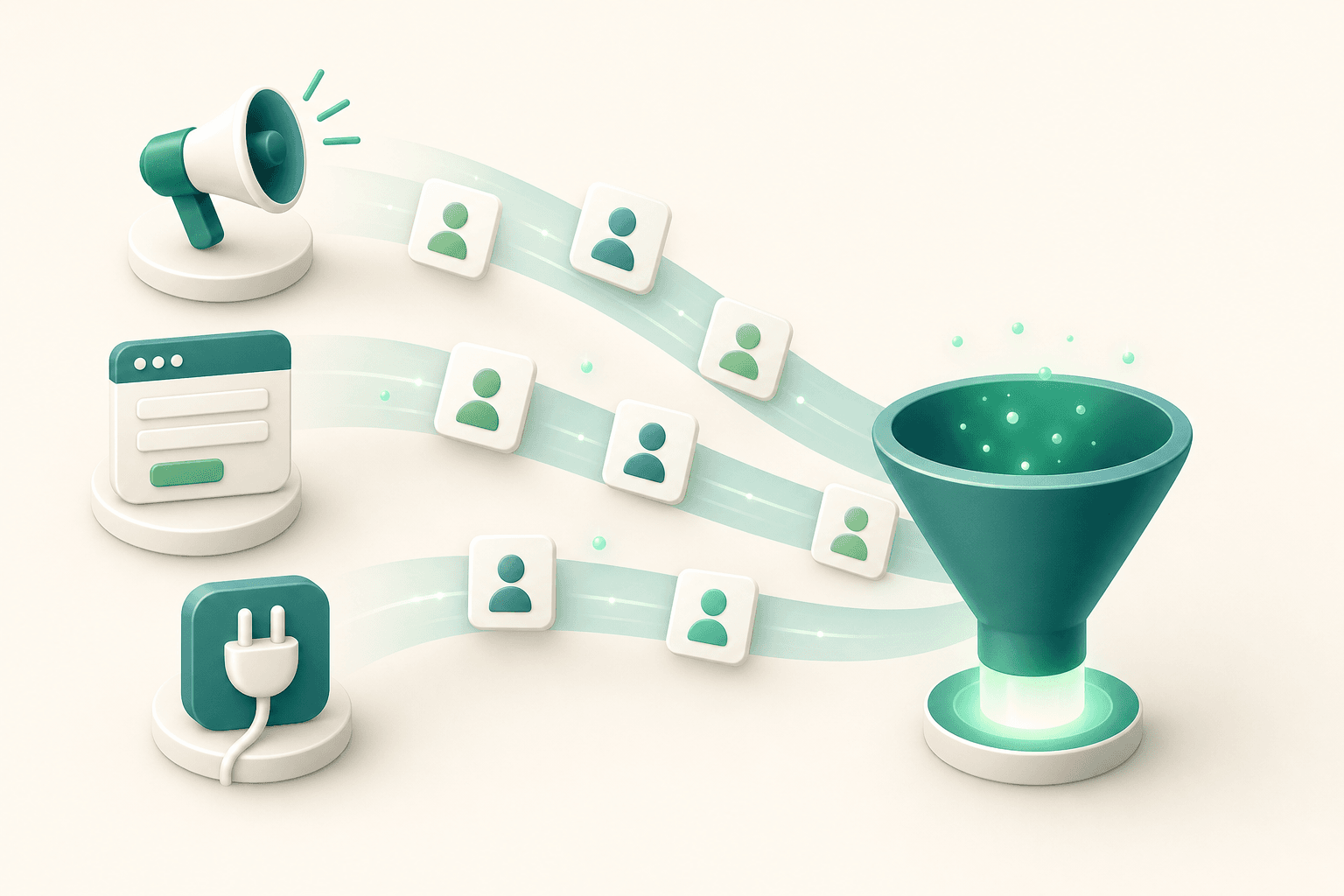 Illustratie: leads uit advertenties, websiteformulieren en de API stromen samen in één funnel