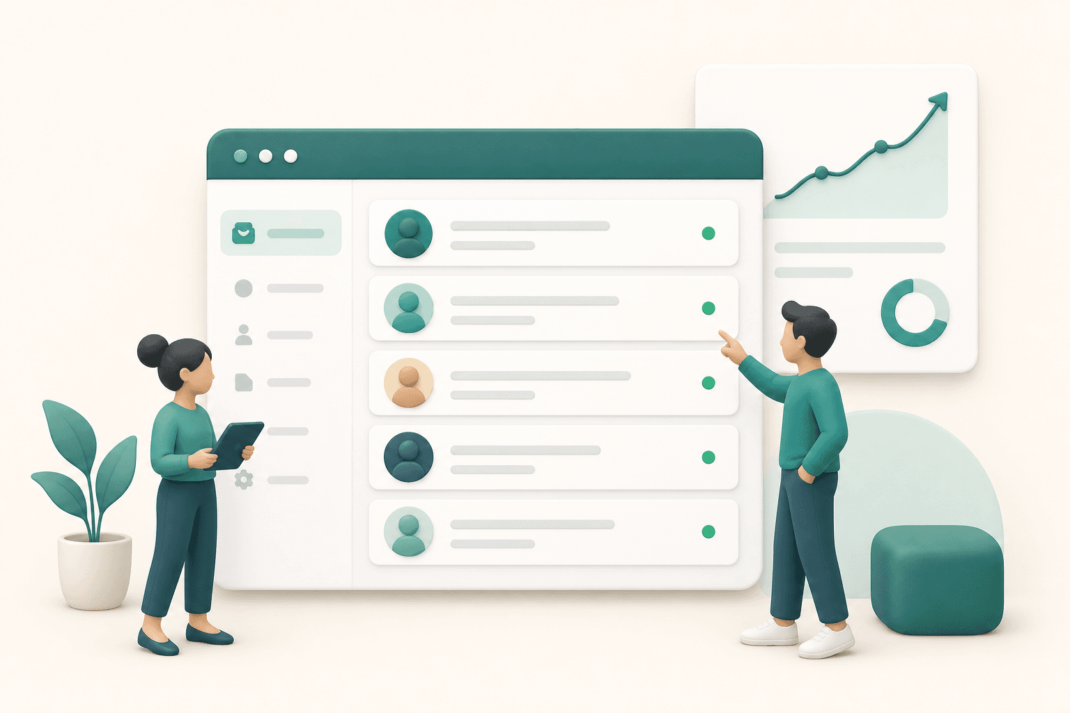 Illustratie: gedeelde team-inbox met WhatsApp-gesprekken en rapportage op een dashboard